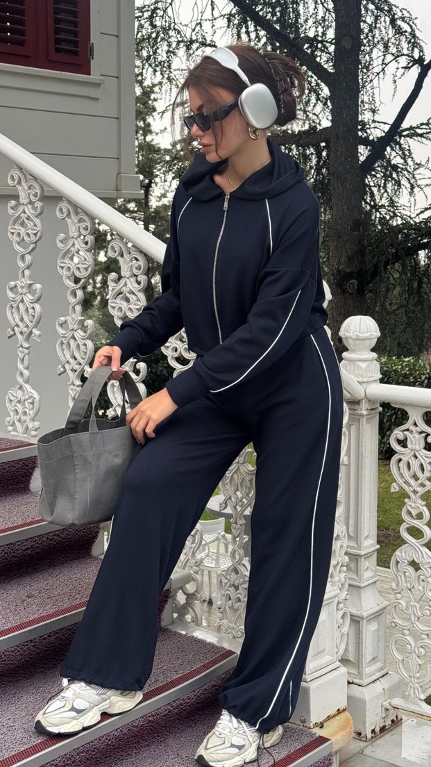 Lacivert  Kemerli Kadın Eşofman Takımı - Görsel 2