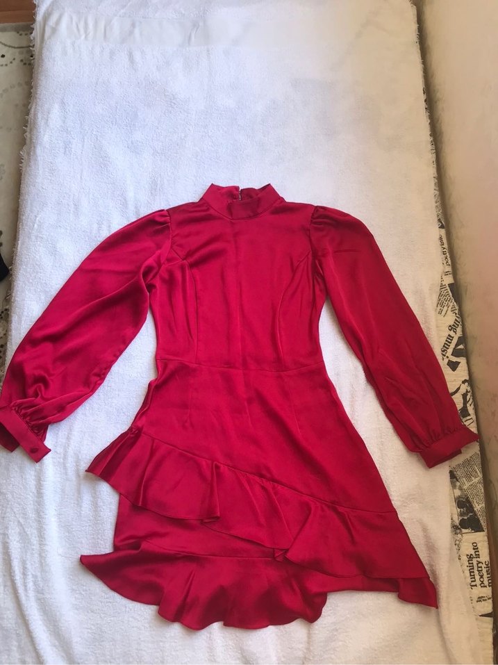 Kırmızı Drapeli Uzun Kollu Midi Elbise - Görsel 3