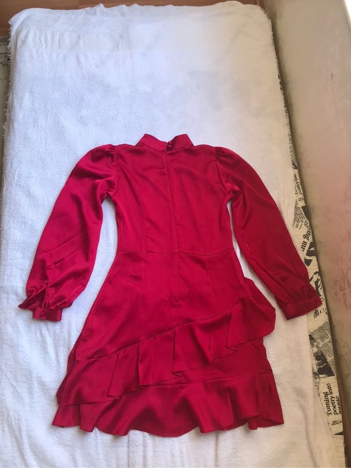 Kırmızı Drapeli Uzun Kollu Midi Elbise - Görsel 2