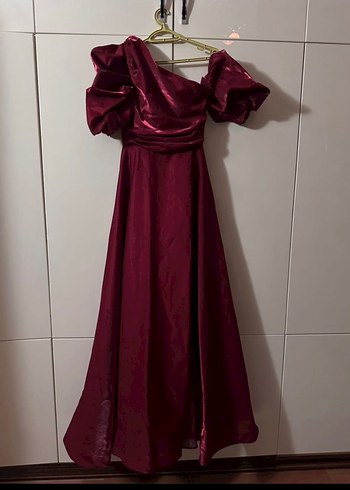 Bordo Drapeli Straplez Uzun Abiye Elbise - Görsel 4