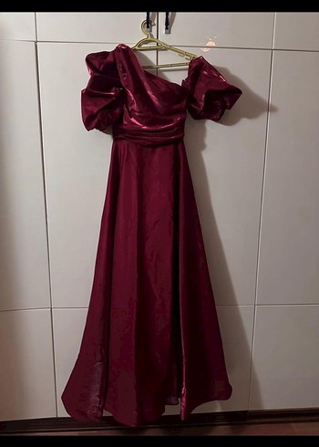 Bordo Drapeli Straplez Uzun Abiye Elbise - Görsel 3