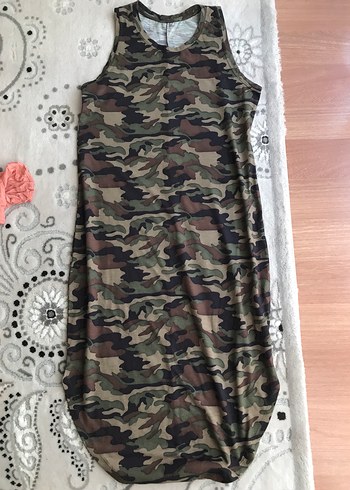 Kahverengi Kamuflaj Desenli Uzun Salaş Elbise - Görsel 2