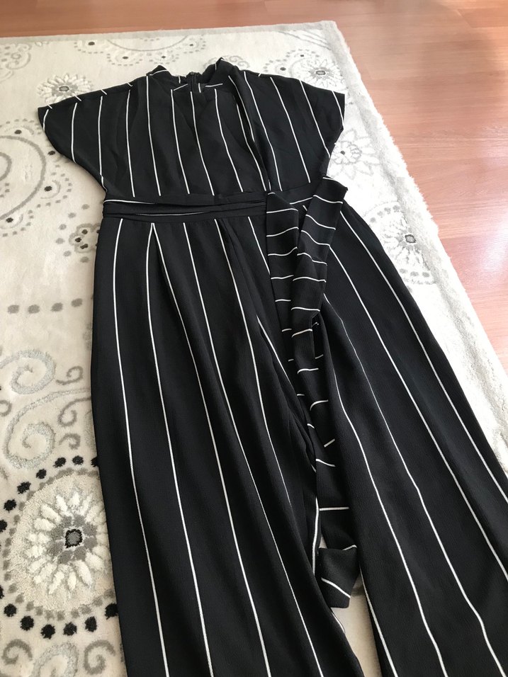 Siyah Çizgili Kadın Uzun Tulum - Görsel 3