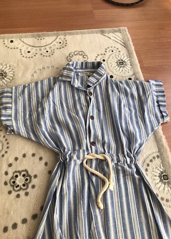 Mavi Çizgili Bohem Uzun Keten Elbise - Görsel 2