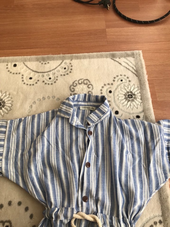 Mavi Çizgili Bohem Uzun Keten Elbise - Görsel 3