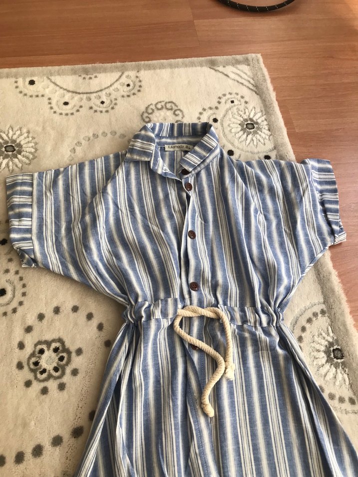 Mavi Çizgili Bohem Uzun Keten Elbise - Görsel 2