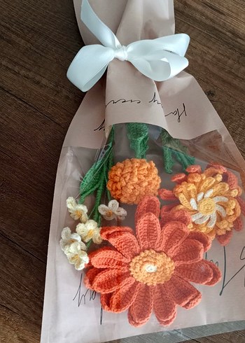 Bohem Tarzı El Örgüsü Turuncu Çiçek Buketi - Görsel 2