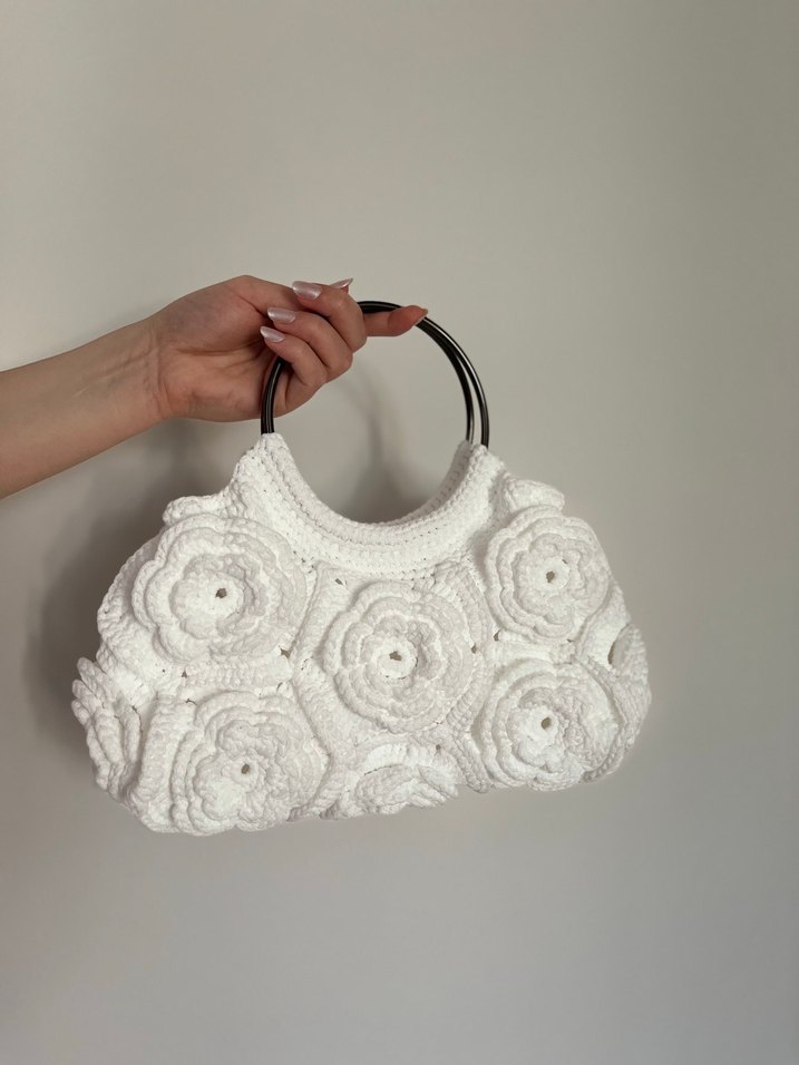Beyaz Örgü Çiçekli Kadın Çanta - Görsel 2