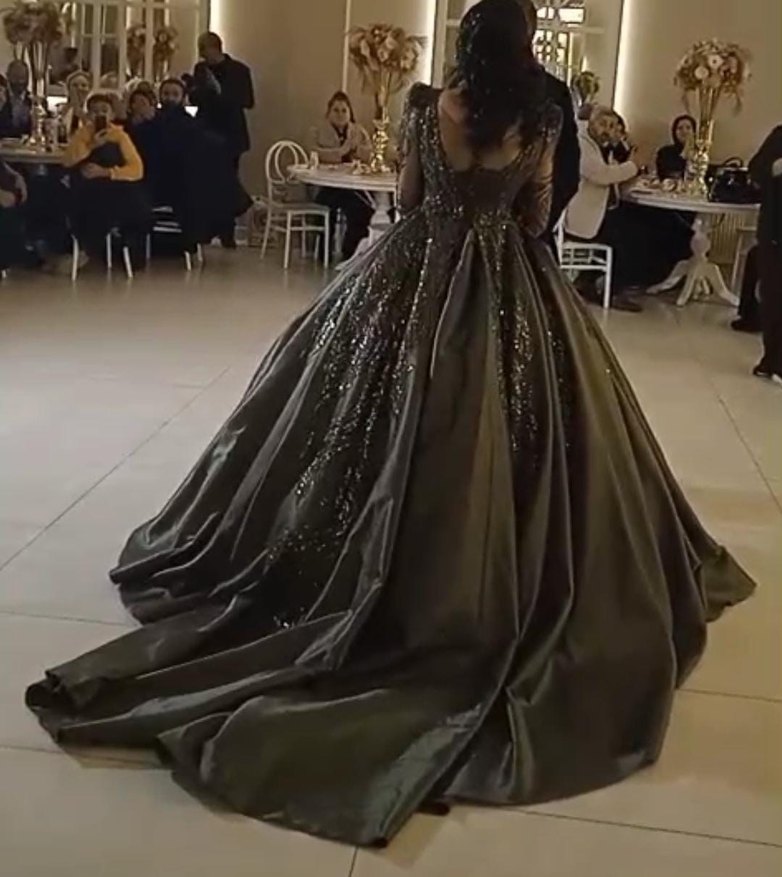 Uzun Kollu Nakışlı Haki Nişan Elbisesi - Görsel 2