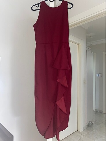 Diğer Fırfırlı bordo özel gün midi elbise