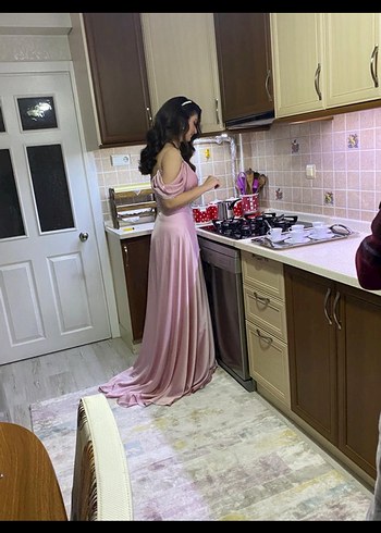Diğer Pudra Rengi Drapeli Uzun Abiye Elbise