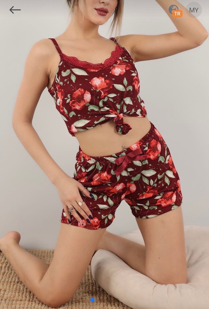 Sıfır Bordo Çiçekli İnce Askılı Mini Pijama - Görsel 2