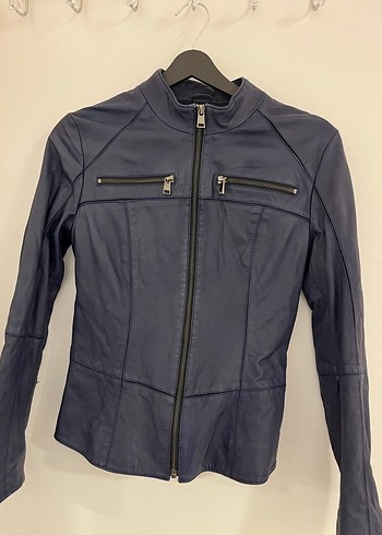 Derimod Kadın Lacivert Deri Biker Ceket - Görsel 2