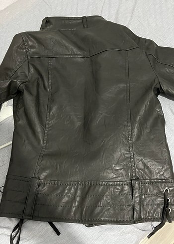 l Beden Tokalı Siyah Deri Biker Ceket