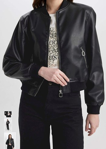 Siyah Kadın Deri Fermuarlı Ceket - Görsel 4