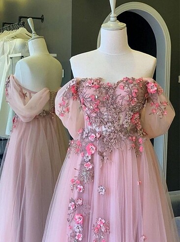 Dantelli 3 boyutlu Abiye Pudra/Pembe