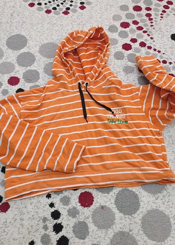 Turuncu Kapüşonlu Çizgili Kadın Sweatshirt