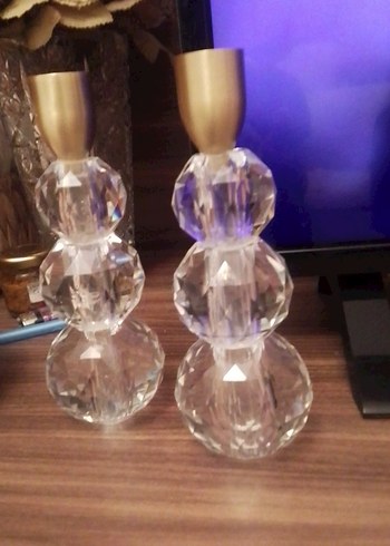 Parlak Altın Kristal Mumluk Seti