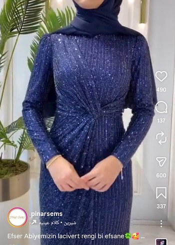 Parlak Lacivert Uzun Kollu Abiye Elbise - Görsel 2