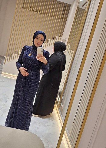 Parlak Lacivert Uzun Kollu Abiye Elbise - Görsel 3