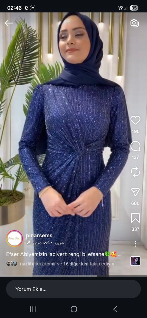 Parlak Lacivert Uzun Kollu Abiye Elbise - Görsel 2