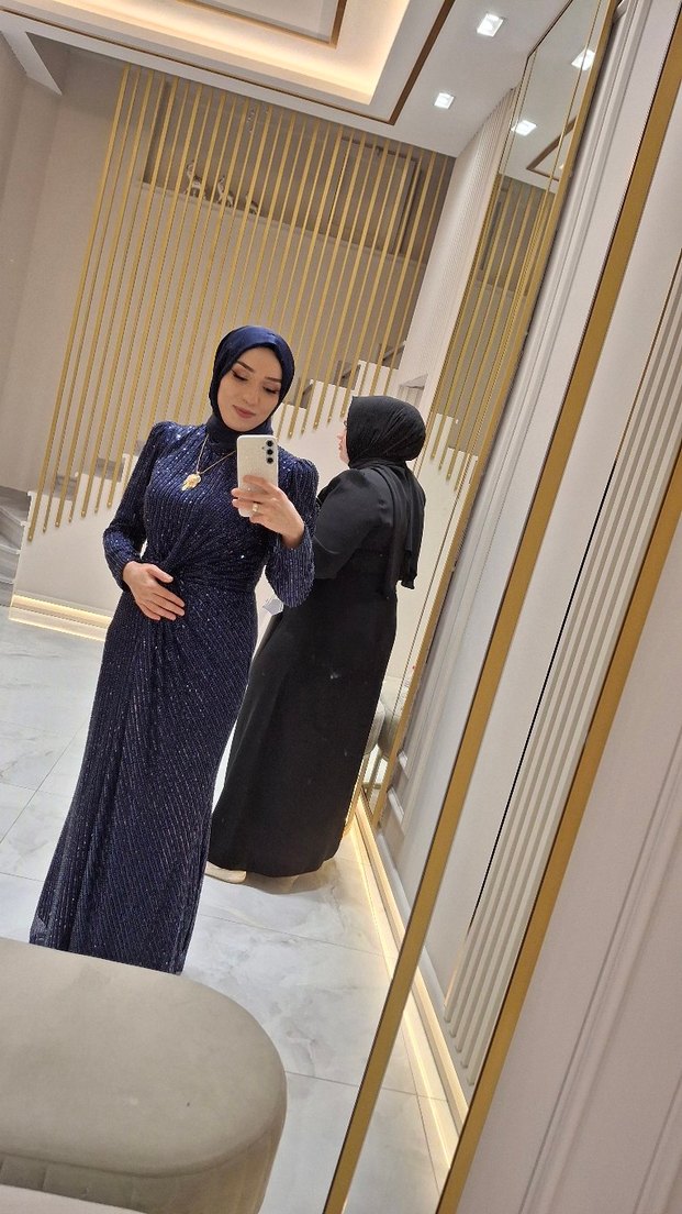 Parlak Lacivert Uzun Kollu Abiye Elbise - Görsel 3