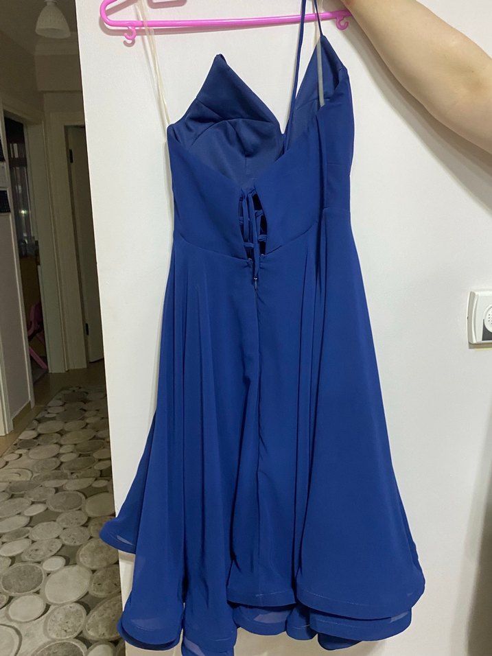 Mavi Drapeli Midi Abiye Elbise - Görsel 3