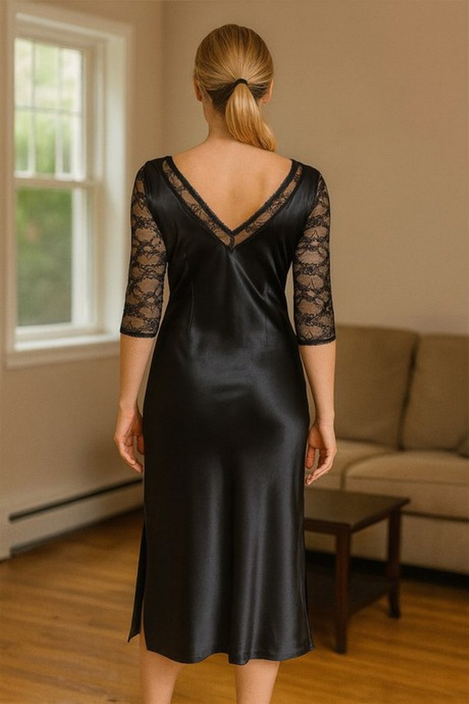 Dantel Kollu lacivert Uzun V Yaka Elbise - Görsel 2