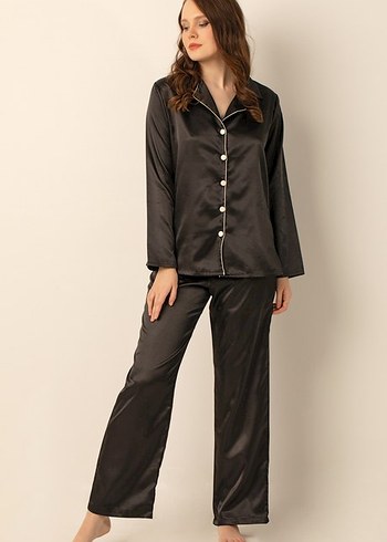 Siyah Parlak Uzun Kollu Kadın Pijama Takımı - Görsel 2