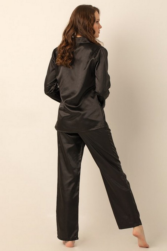 Siyah Parlak Uzun Kollu Kadın Pijama Takımı - Görsel 3