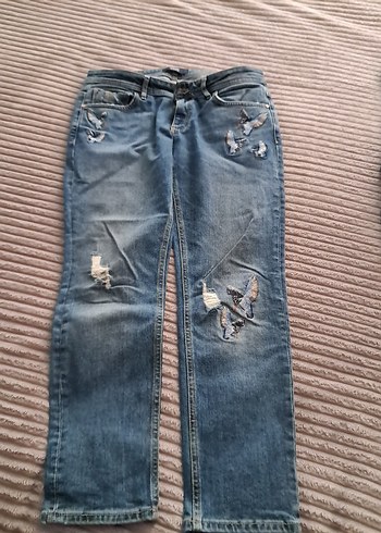 Nakışlı Mavi Kadın Kot Pantolon