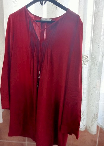 Bordo V Yaka Keten Uzun Kollu Salaş Tunik