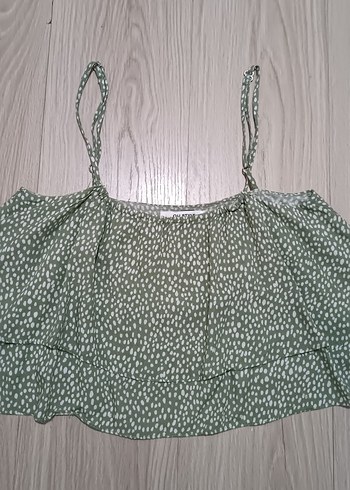 QU STYLE Yeşil Askılı Fırfırlı Crop Top