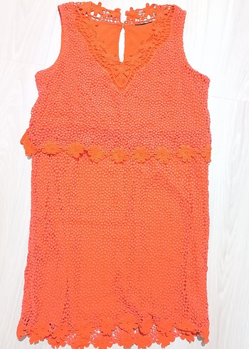 Koyu Turuncu Güpür Detaylı Bohem Mini Elbise - Görsel 2