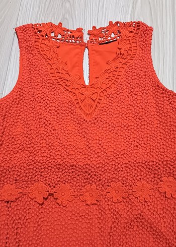 Koyu Turuncu Güpür Detaylı Bohem Mini Elbise - Görsel 3