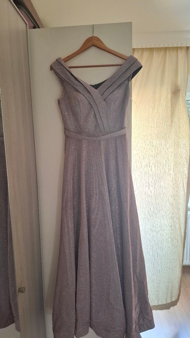 V Yaka Drapeli Uzun Kadın Abiye Elbise - Görsel 3