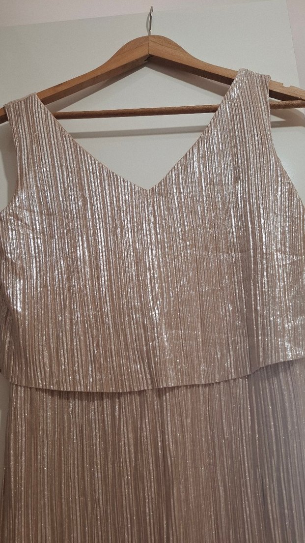 V Yaka Parlak Bej Uzun Pilili Abiye Elbise - Görsel 3