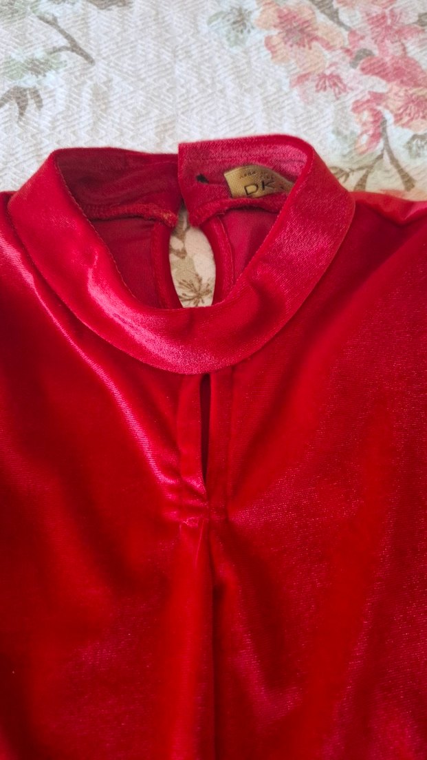 Uzun Kollu Kırmızı Drapeli Kadın Abiye Elbise Kadife - Görsel 3