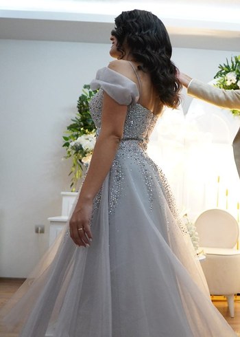 V Yaka Payetli Gri Midi Abiye Elbise - Görsel 4