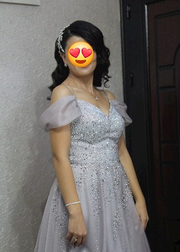 V Yaka Payetli Gri Midi Abiye Elbise - Görsel 3