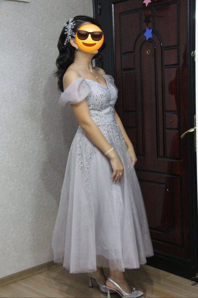 V Yaka Payetli Gri Midi Abiye Elbise - Görsel 2