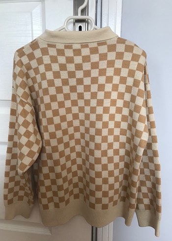 Bej Kareli Örgü Kadın Kazak - Görsel 2