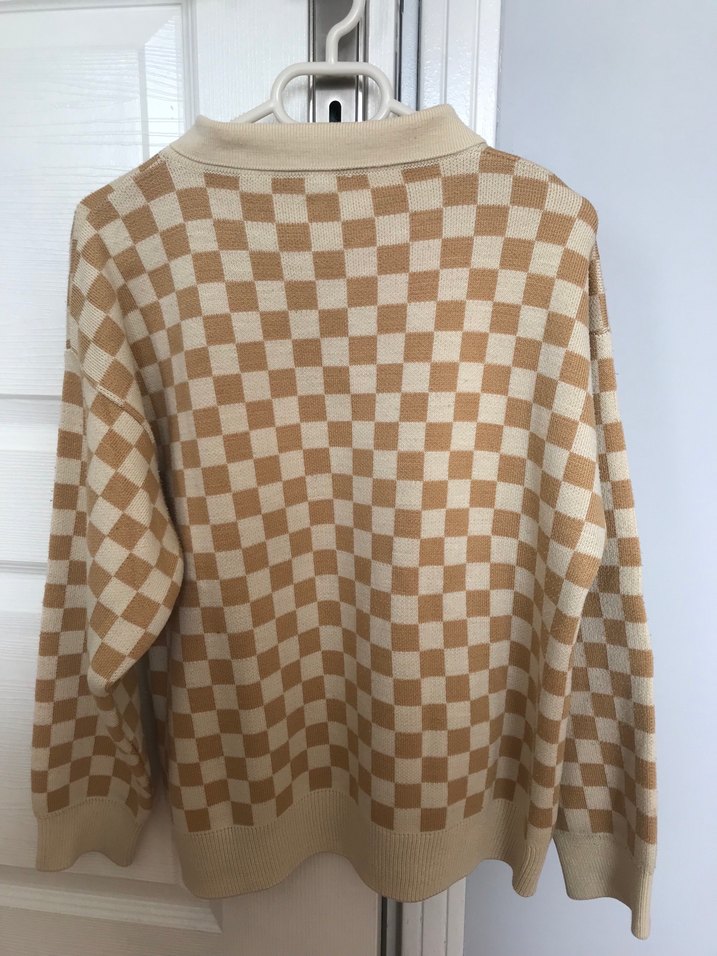 Bej Kareli Örgü Kadın Kazak - Görsel 2