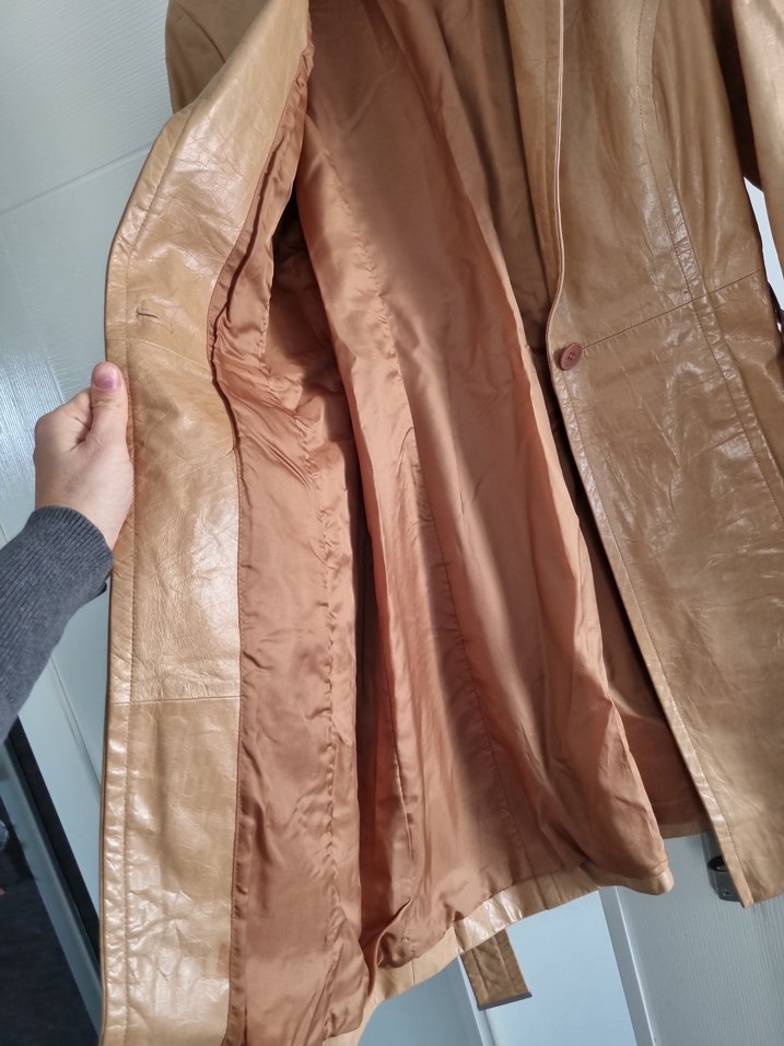 Bej Kadın Deri Kemerli Ceket - Görsel 5
