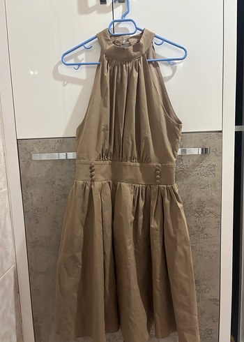 Bej Pilili Bohem Yaka Detaylı Midi Elbise