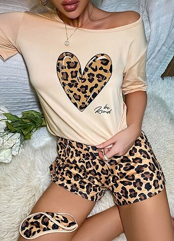 l Beden Elegant Kadın Leopar Desen Aşk Kalp Pijama Seti, 2 parça Polyest