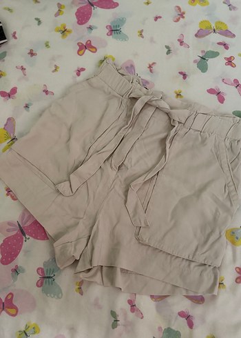 Bej Pamuklu Bağcıklı yüksek bel şort - Görsel 2