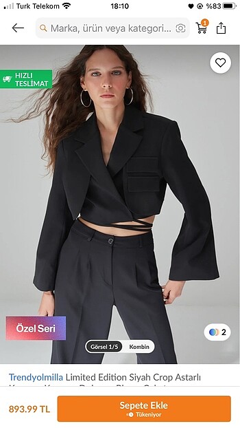 Siyah Crop astarlı kruvaze kapama dokuma siyah blazer ceket