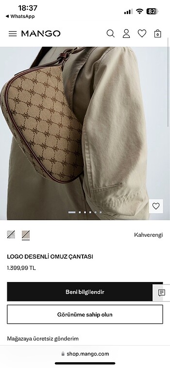  Beden kahverengi Renk MANGO Logo Desenli Omuz Çantası