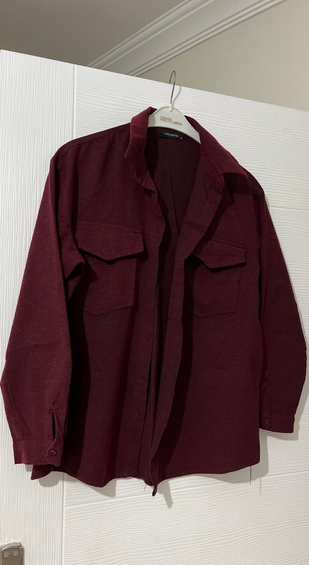 Bordo Düğmeli Uzun Kollu pamuklu Gömlek - Görsel 2